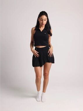 ALO Yoga Black Pleated Skater Skirt with Logo Waistband